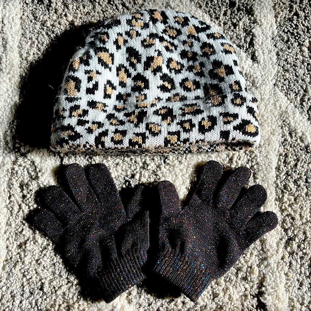 The children’s place s/m 4-7 beanie hat gloves cheetah leopard black glitter